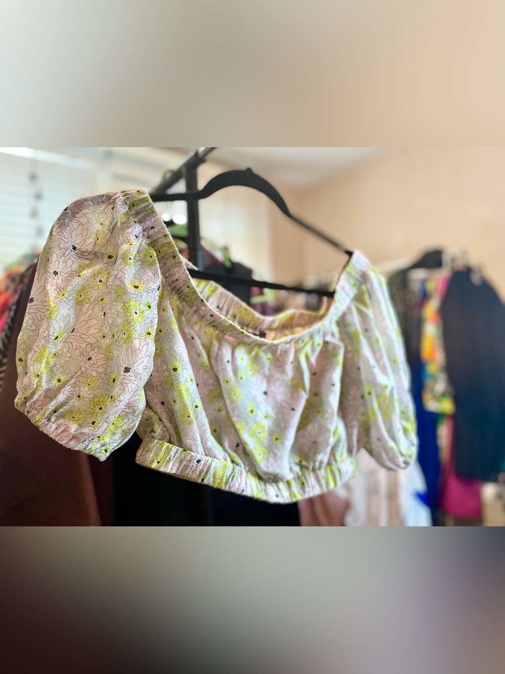 MINKPINK Pink Floral Off-Shoulder Crop Top with Yellow Accents